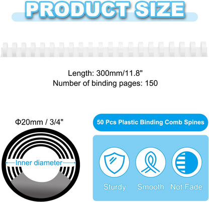 PATIKIL 20mm (3/4") Plastic Binding Combs, 50 Pcs 21 Rings Comb Binding Spines 150 Sheet Capacity Letter Size for Binding Paper Sheets Notebook Calendar Picture Album, White