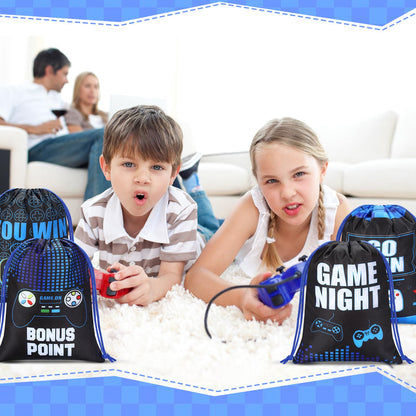 Faccito 16 Pieces Video Game Party Favors Bags 7 x 9.8 Inch Gaming Party Drawstring Bags Bulk Game Theme Goodie Candy Treat Gift for Boys Girls Birthday Supplies, 8 Styles(Blue)