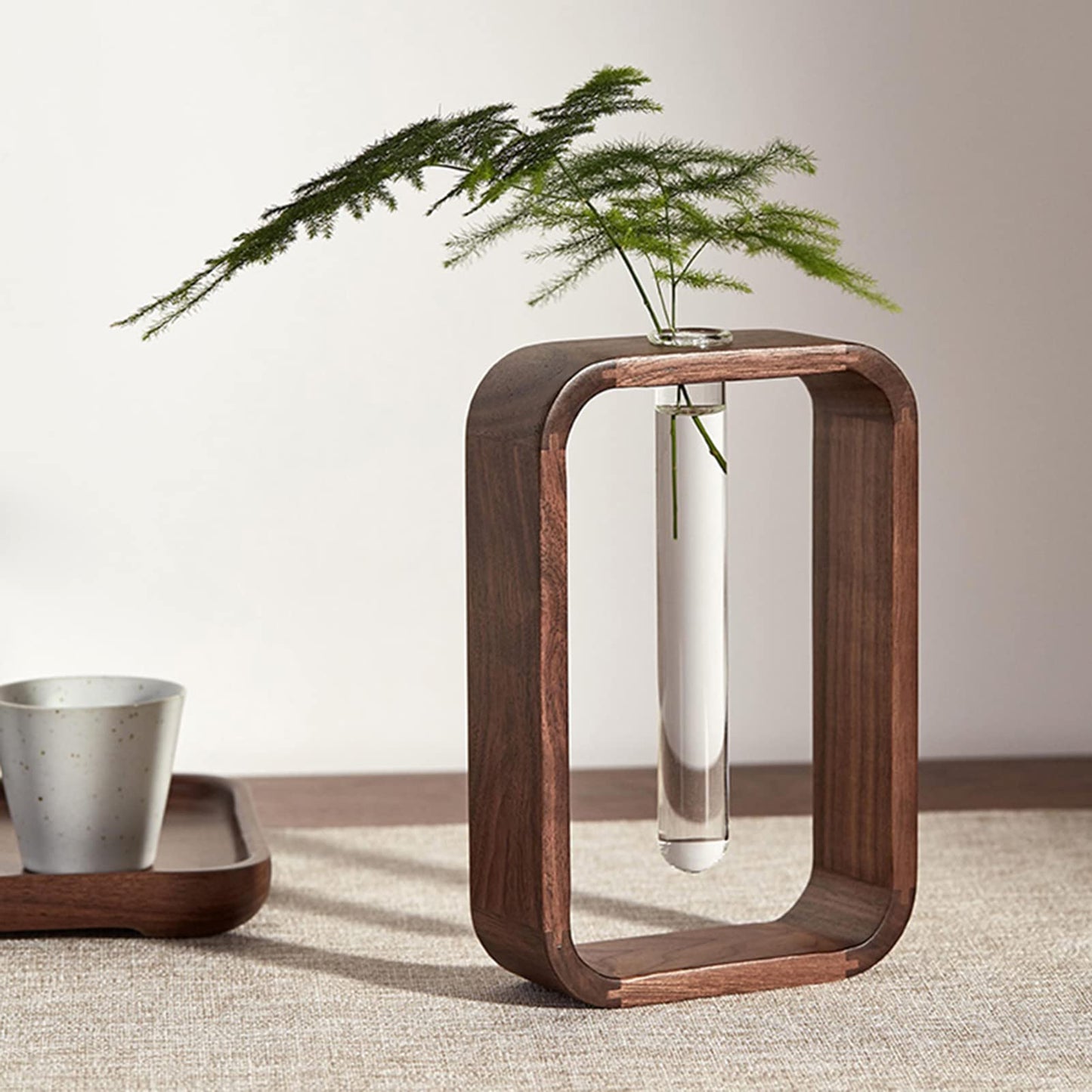 TREELF Transprent Glass Vase Test Tube Vase Hydrophilic Plants Vase Plant Holder Walnut Wooden Frame Flower Stand Table Garden Bonsai Decor,Gifts for Women, Home Office Decor Planter (Small)