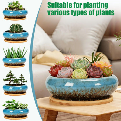 Drzewo 7-Inch Succulent Pots, Succulent Pots with Drainage, Drip Glazed Ceramic Planter with Small Garden Tools, Indoor Succulent Planters for Cactus, Potted Plant,Aloe Vera,Pot for Succulents