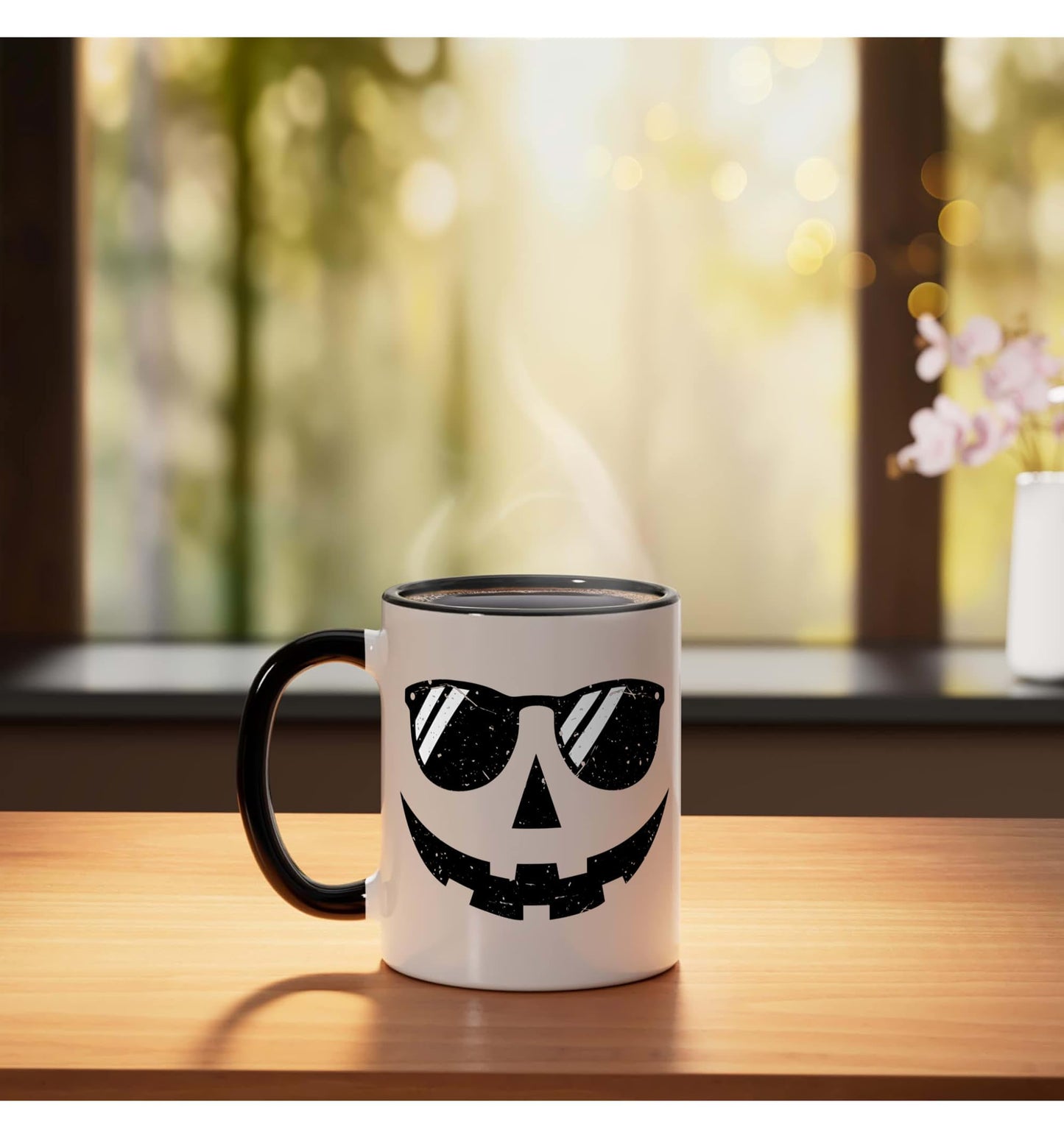 Summerween Vibes Spooky Summer Smiling Pumpkin Halloween Ceramic Mug, Black/White