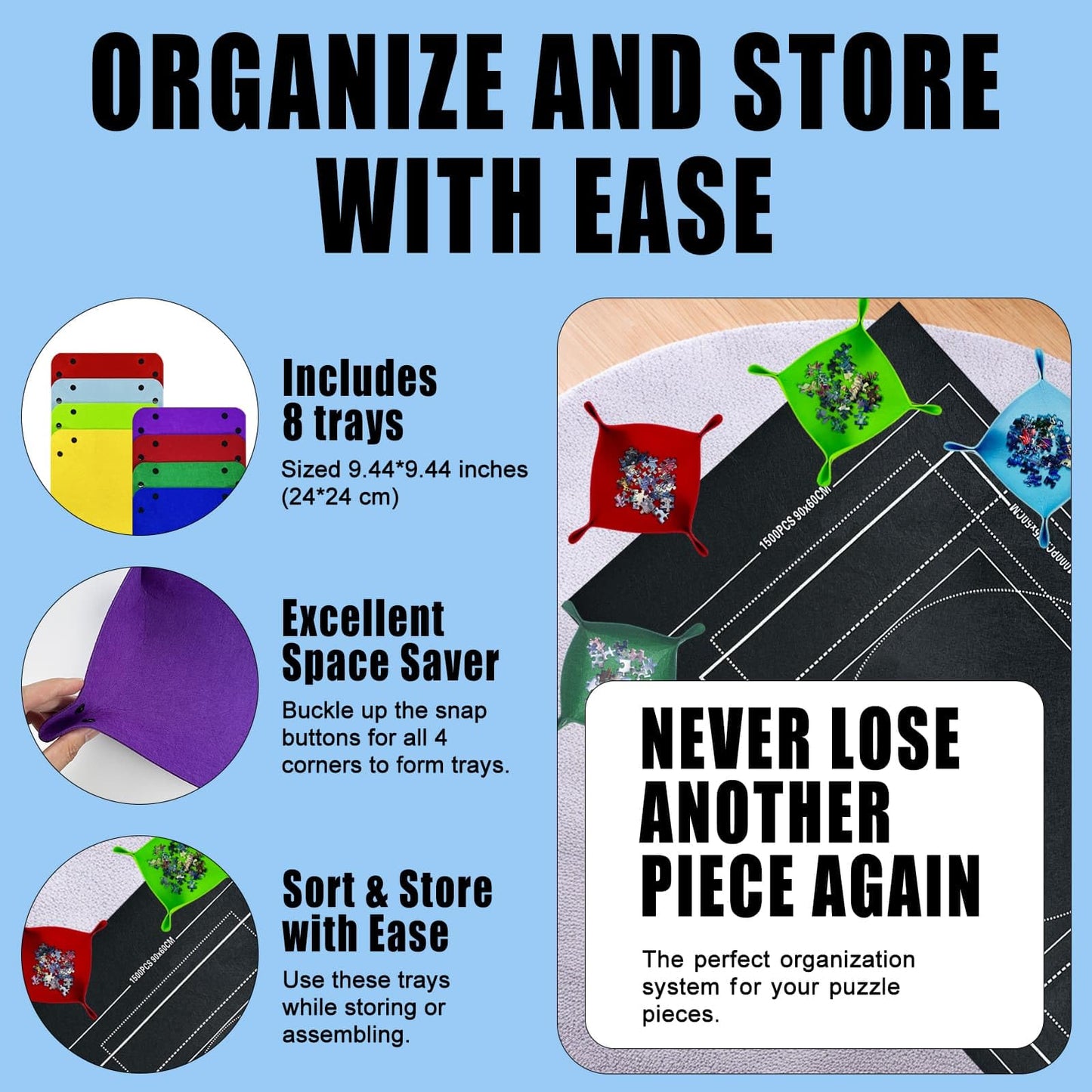 GOECI Puzzle Mat Roll Up with 8 Sorting Trays & Storage Gift Box, Large 46x26 Inch Puzzle Board for 500-1500 Pieces, Portable Puzzle Saver Kit with Travel Bag, Sturdy Box & Straps for Adults Black