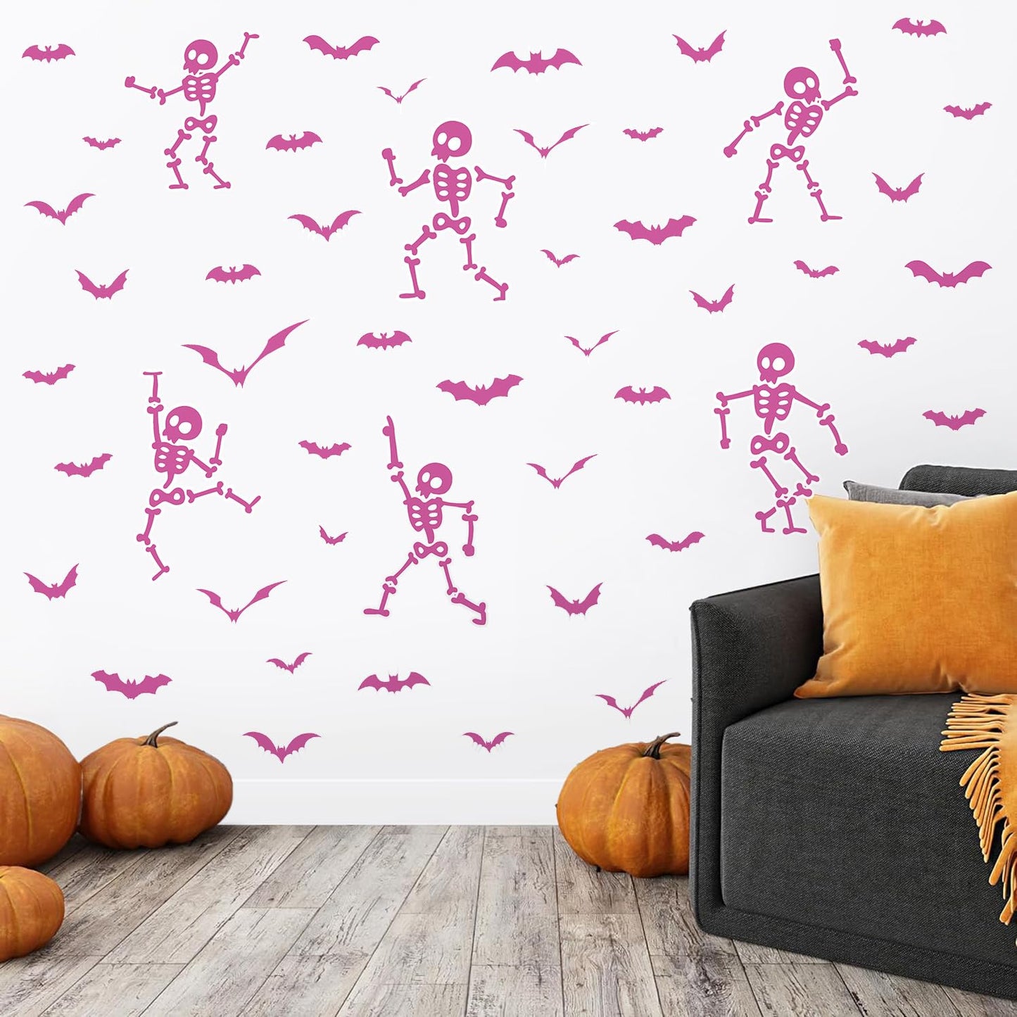 Halloween Wall Decals and Skeleton Window Clings - 6 Sheets 43 Pcs Removable Pink Ghost Bat Wall Stickers for Mirrors, Windows, Home Bedroom Party Decor