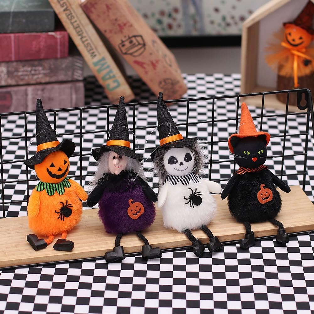 Halloween Tree Decorations Set of 4PCs Witch Black Cat Pumpkin Ghost Plush Hanging Ornaments for Holiday Party Home Christmas Tree Decor