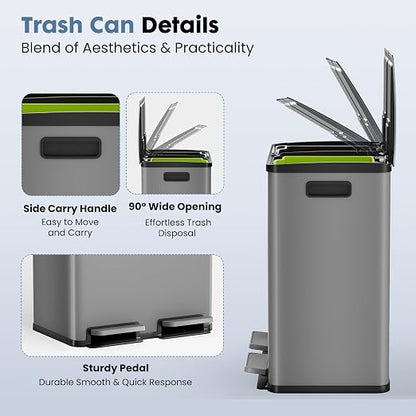 DUMOS Kitchen Double Trash Can, 2x8-Gallon Dual Trash Can with Lid, Stainless Steel Garbage Bin with 2 Removable Inner Buckets, Soft-Close Foot Pedal for Kitchen, Home, Office, Matte Gray