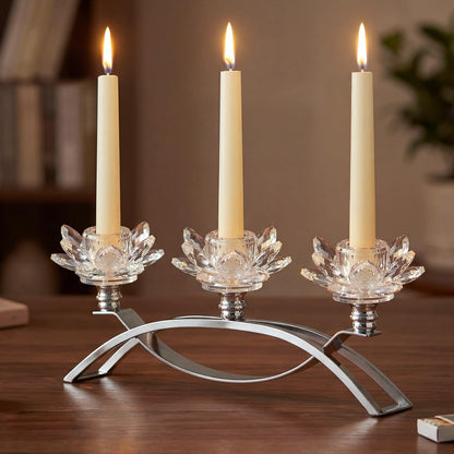 Crystal Lotus Taper Candle Holders, 3 Arms Metal Crystal Candlesticks, Decorative Flower-Shaped Candle Holders for Dining Table Centerpiece, Wedding, Home & Holiday Decor (Clear, 3 Arm)