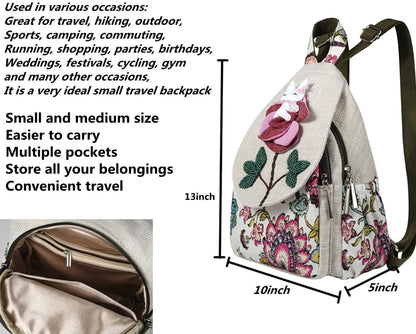 Qalmea Small Backpack for Women，Hippie Backpack Handmade Canvas Bags Casual Mini Handbag（Rabbit Pattern）