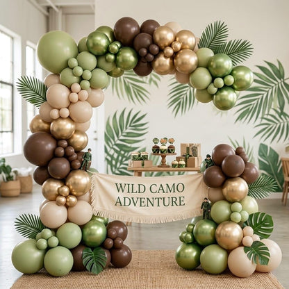 Sage Green Brown Safari Balloons, 60PCS Dusty Olive Green Coffee Beige Metallic Gold Eucalyptus Latex Balloon, Camo Army Hunting Balloons for Woodland Baby Shower Birthday Party Decorations Supplies