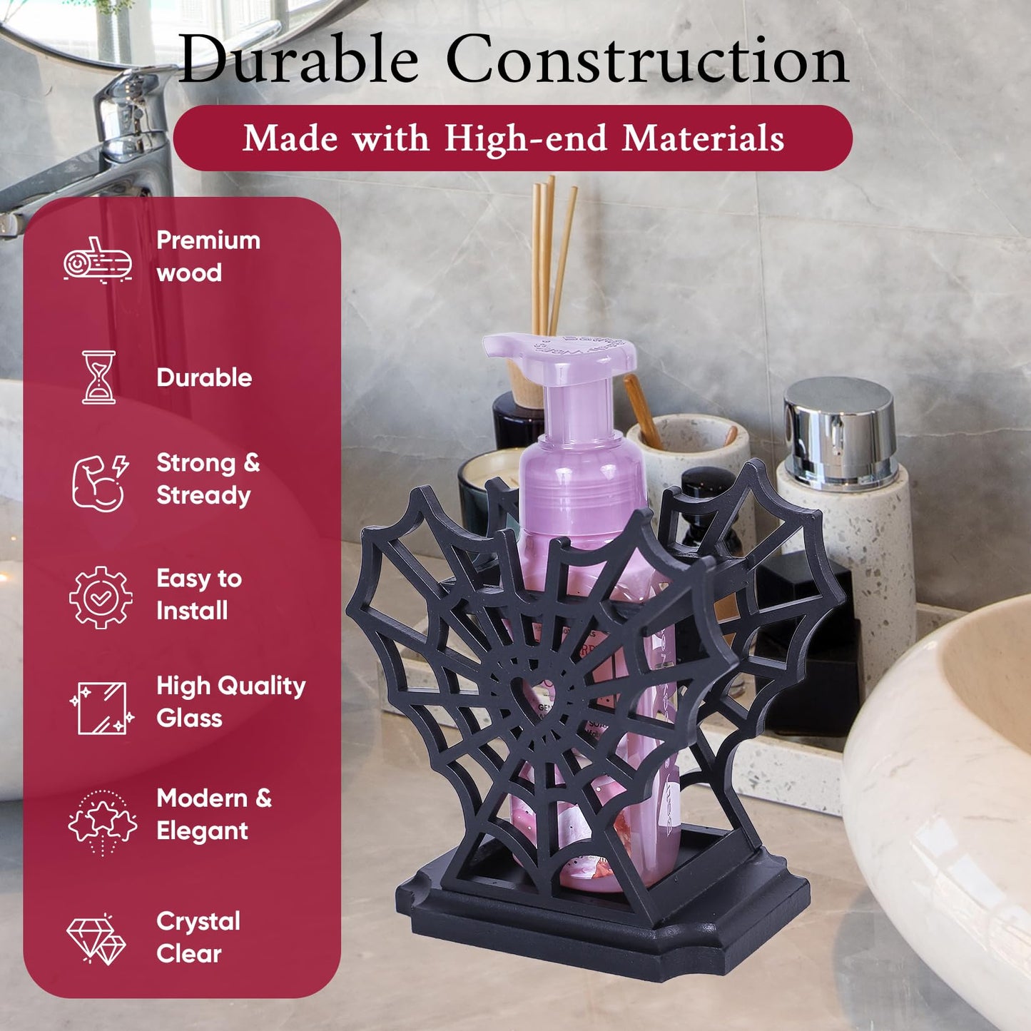CEFLITECO Spider Web Soap Dispenser Holder – Heart-Shaped Halloween Spider Web Hand Soap Holder for Bathroom – Gothic Wooden Soap Dispenser for Spooky Bathroom Decor – Witchy Gifts for Women