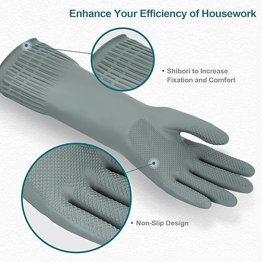 DABOGOSA Mamison 2 Pairs Reusable Waterproof Household Dishwashing Cleaning Rubber Gloves, Non-Slip Kitchen Glove (Grey, Medium (Pack of 2))