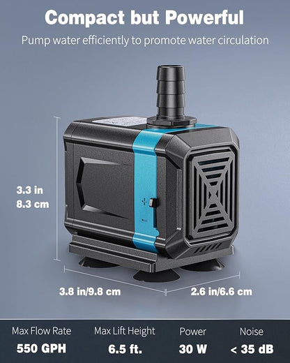 Pawfly 550 GPH Aquarium Submersible Water Pump (2000L/H, 30W) Ultra Quiet Water Fountain Pump with 6.5 ft. Lift Height Adjustable Water Pump for Fish Tanks Ponds Gardens Waterfalls Statuary and Sumps
