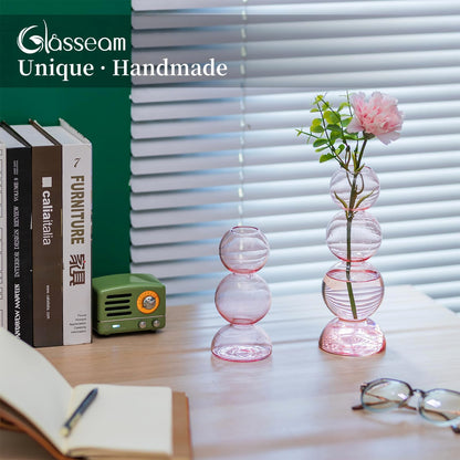 Glasseam Cute Pink Flower Vase, Unique Handmade Glass Vase for Flowers, Aesthetic Small Bud Vase Decor, Modern Ball Round Decorative Propagation Vases for Living Room Dining Table Decorations