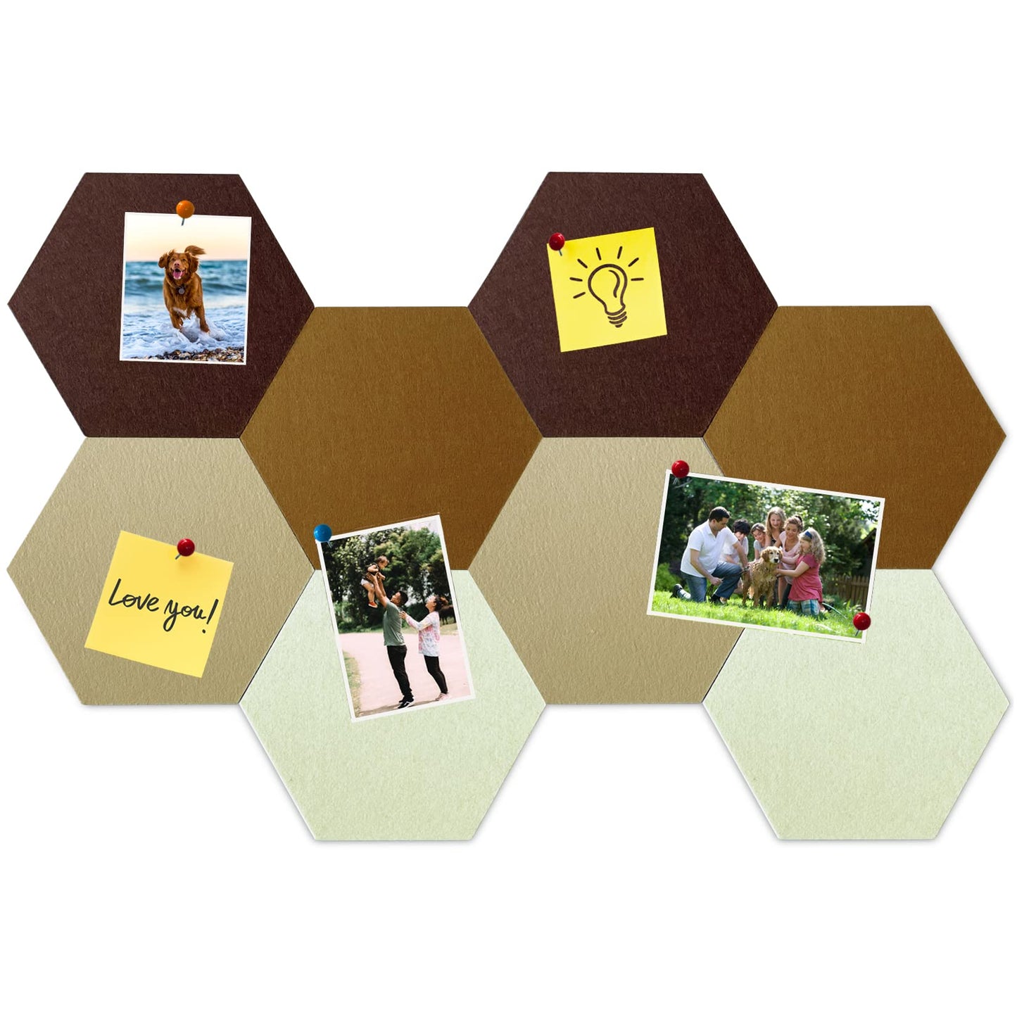 HULAVO 8 Pcs Hexagon Felt Cork Bulletin Board Tiles, Self Adhesive DIY Bulletin Board Pin Board for Office School Home Wall Decor Memos Photos Display (Gradual Brown)