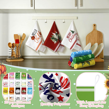 FuWeave 20 Pcs Holiday Kitchen Towels Set Seasonal Decorative Hand Towels Bulk Summer Patriotic 4th of July Tea Dishcloths with Hanging Loop for Kitchen Bathroom Cooking(Fresh)