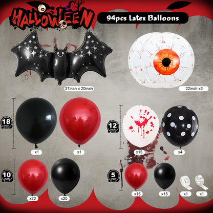 Halloween Balloons Garland Arch Kit, 94pcs Red Black White Polka Dot Balloons, Bloody Hand Print Balloon Eyeball Bat Mylar Balloon for Scream Creepy Gothic Halloween Horror Birthday Party Decorations