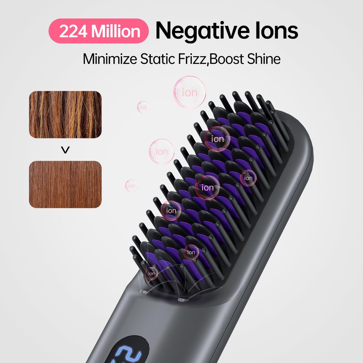 Cordless Hair Straightener Brush-Portable Straightening Comb, 9600mAh Batt, Plasma Tech, 9 Temp-Settings & LED Display, for Travel & Home(Pink)