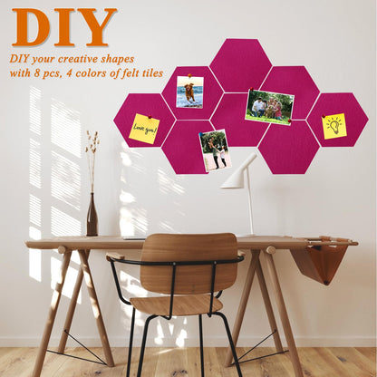 HULAVO 8 Pcs Hexagon Felt Cork Bulletin Board Tiles, Self Adhesive DIY Bulletin Board Pin Board for Office School Home Wall Decor Memos Photos Display(Rose Red)