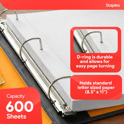 Staples 3" D‑Ring Heavy‑Duty View Binder, Orange, Durable 3‑Ring Binder with Reinforced Construction, Holds Up to 600 Sheets for School & Office