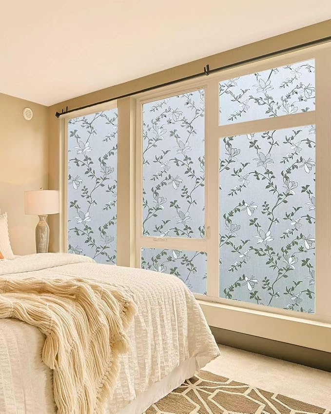 Frosted Glass Window Film with Elegant Flower Design, Bathroom Window Privacy Film for Glass Windows Cover, Static Cling, Removable, Reusable, Anti-UV, Anti-Glare, 35.4 Inch * 157.4 Inch