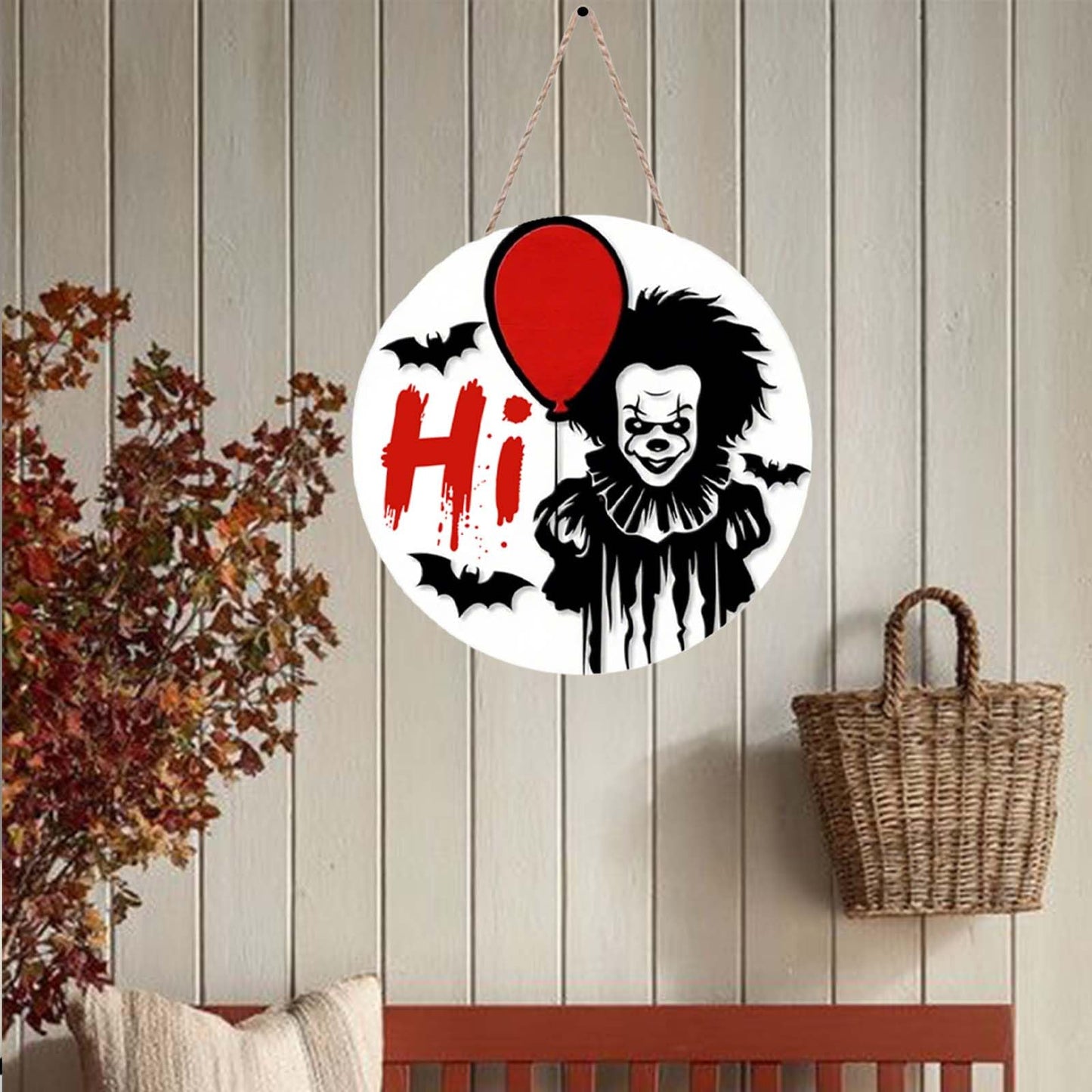 Halloween Welcome Sign Halloween Horror Characters Wooden Door Hanger Funny Window Wall Decor 12×12in