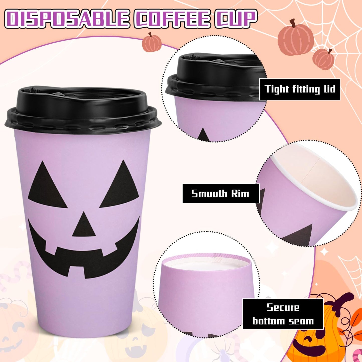Whaline Halloween Disposable Coffee Cups Ghost Pumpkin Paper Cups with Lids 16 Oz for Holiday Birthday Party Home Office Travel Supplies Hot Cold Drinks, 48 Pcs