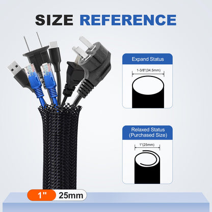 ELECFUN 16ft - 1 inch Cable Management Sleeve Cord Protector, Split Wire Loom for USB TV Computer, Braided Wire Cover Hider Organizer Tubing Protect Cat Dog from Chewing, Black