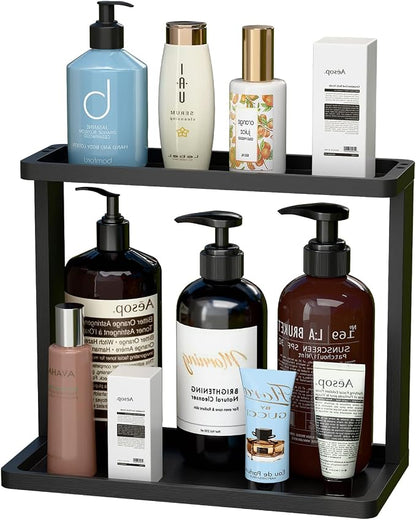 PEKER Bamboo Bathroom Organizer Countertop – Small Vanity Storage Shelf for Makeup, Perfume, Skincare – Natural Cosmetics Display Rack for Dresser, Sink, Kitchen –Black