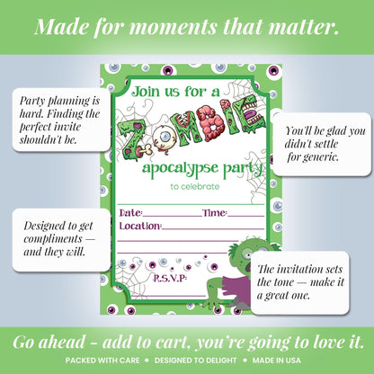 Zombie Apocalypse Halloween Birthday Party Invitations, 20 5x7 Fill In Cards with Twenty White Envelopes by AmandaCreation
