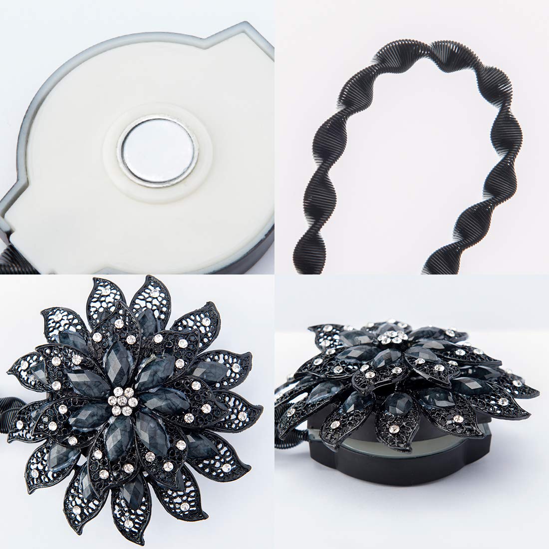 SUQ I OME Classic Luxury Big Crystal Curtain Magnetic Tieback Flower Curtain Clips Buckle with Stretchy Wire Rope for Home Office Decoration(Black,2PCS)