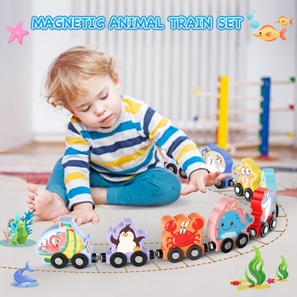 Zeoddler Toys for Toddlers, 11 Magnetic Wooden Sea Animals Train Set, Montessori Toys for Toddlers, Educational Activities for Kids, Birthday Gifts for Boys, Girls