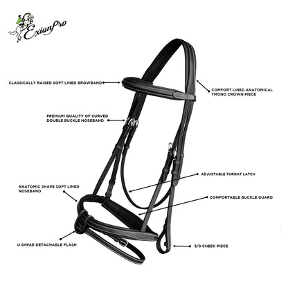 Exion Comfort Soft Lined Snaffle Hunter Jumping Bridle with Detachable Flash & Rubber Reins | Anatomical English Bridle for Horses (Black, Full)