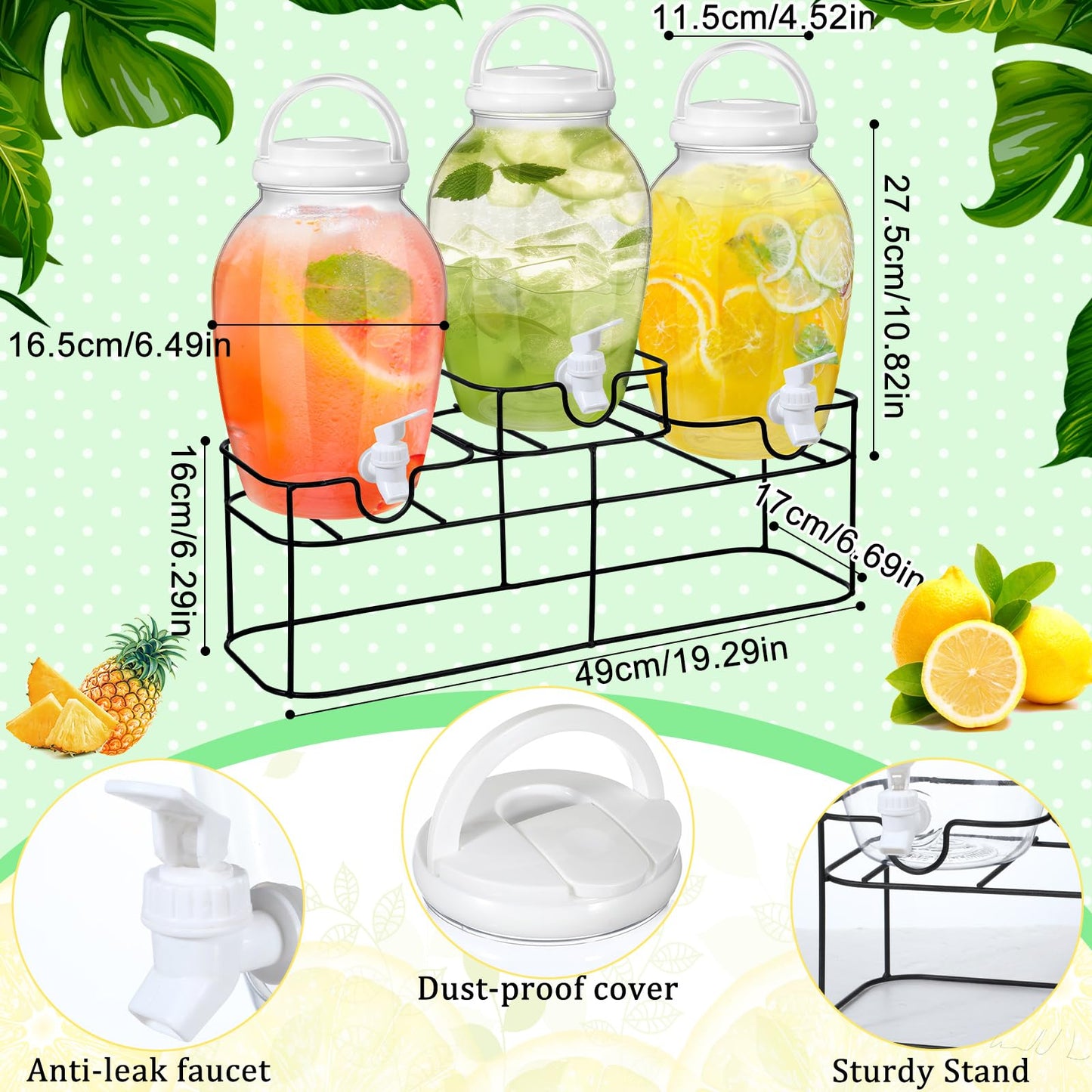 Tanlade 3 Pcs Plastic Drink Dispenser with Spigot and Metal Stand 1.2 Gallon Beverage Dispenser for Parties Juice Dispensers Lemonade Jar with Lids for Cold Drink Tea Water Container