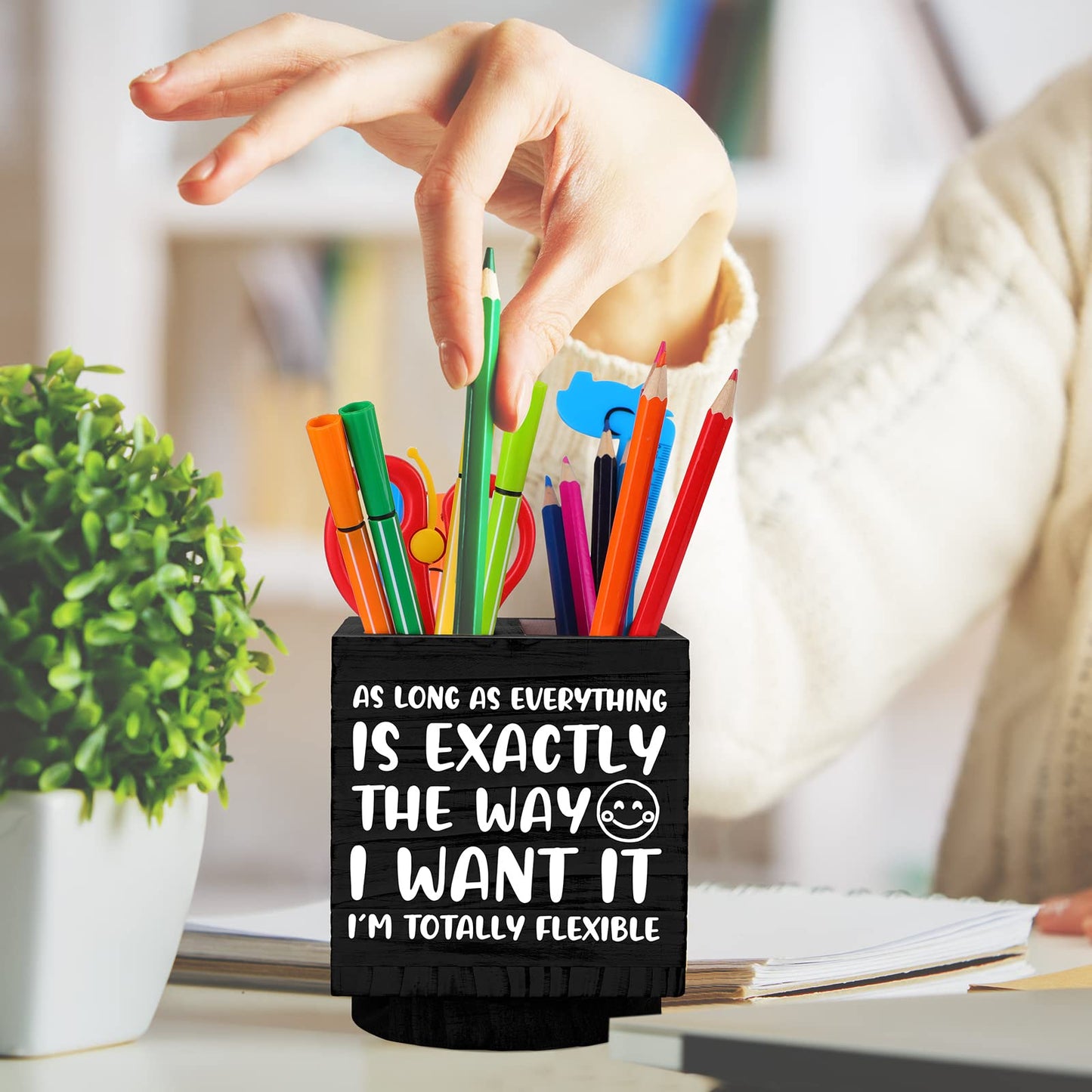 Outus Funny Coworker Gift Pen Holder for Desk, Sarcastic Office Desk Decor, Rotating Wooden Pencil Holder, Funny Office Gift for Women Men Boss Coworkers (Black)