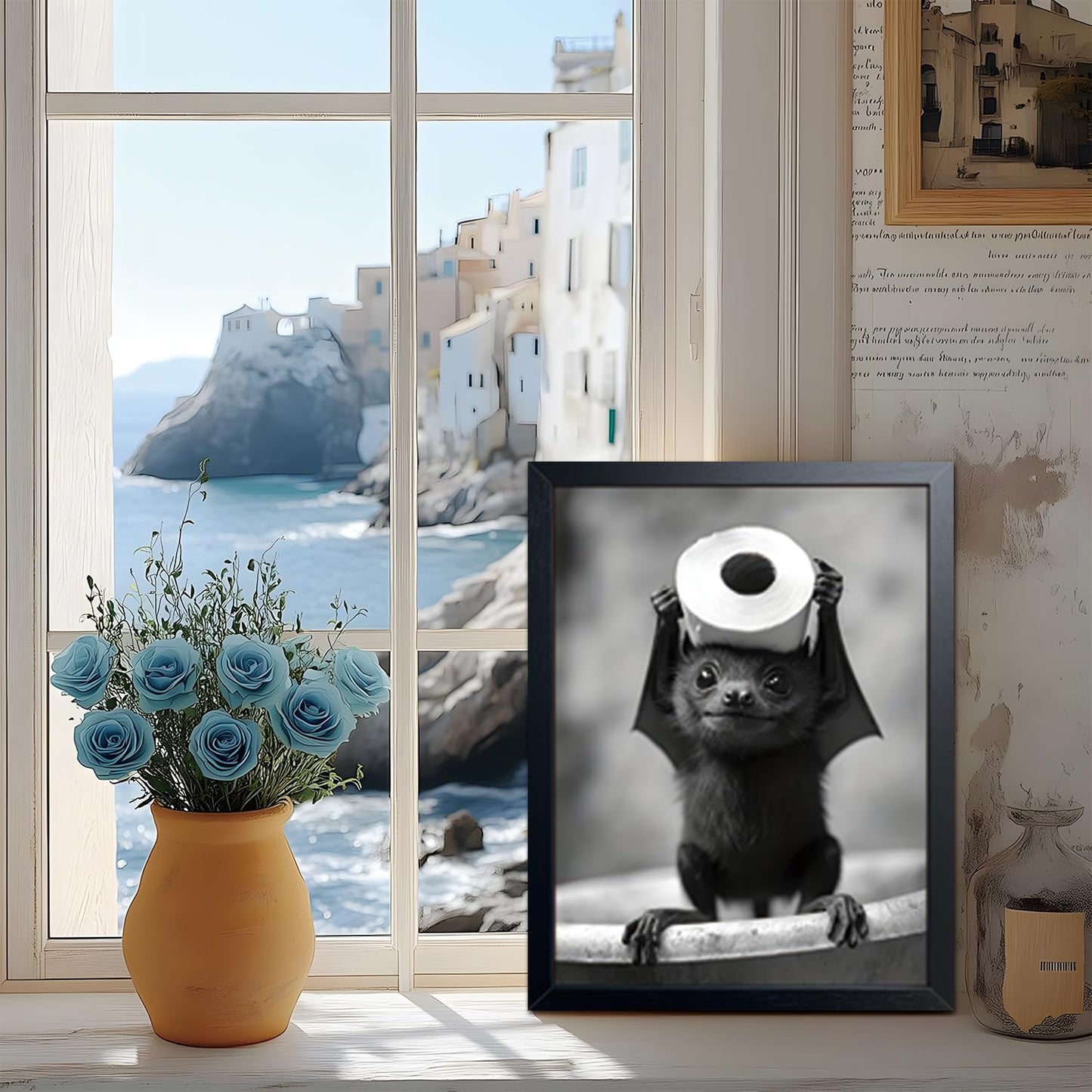 ARKZSHO Black and White Bathroom Wall Art, Funny Bats Canvas Print Poster, Cute Animal Wall Drcor Painting, Modern Farmhouse Restroom Home Decoration (Framed 10''x8'')
