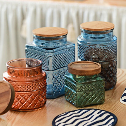 ANSQU Square Glass Canister, 61oz Candy Jar with Lid, Glass Food Storage Containers for Ground Coffee, Tea, Sugar, Decorative Mason Jar Cookie Jars (Blue)
