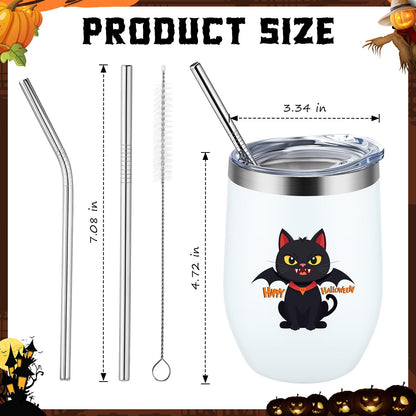 Singhoow 4 Set Halloween Themed Insulated Wine Tumbler 12 oz Stainless Steel Eggshell Cup Pumpkin Ghost RIP Tombstone Cat Bat Gifts for Anniversary Birthday Gifts for Mom Women Colleagues