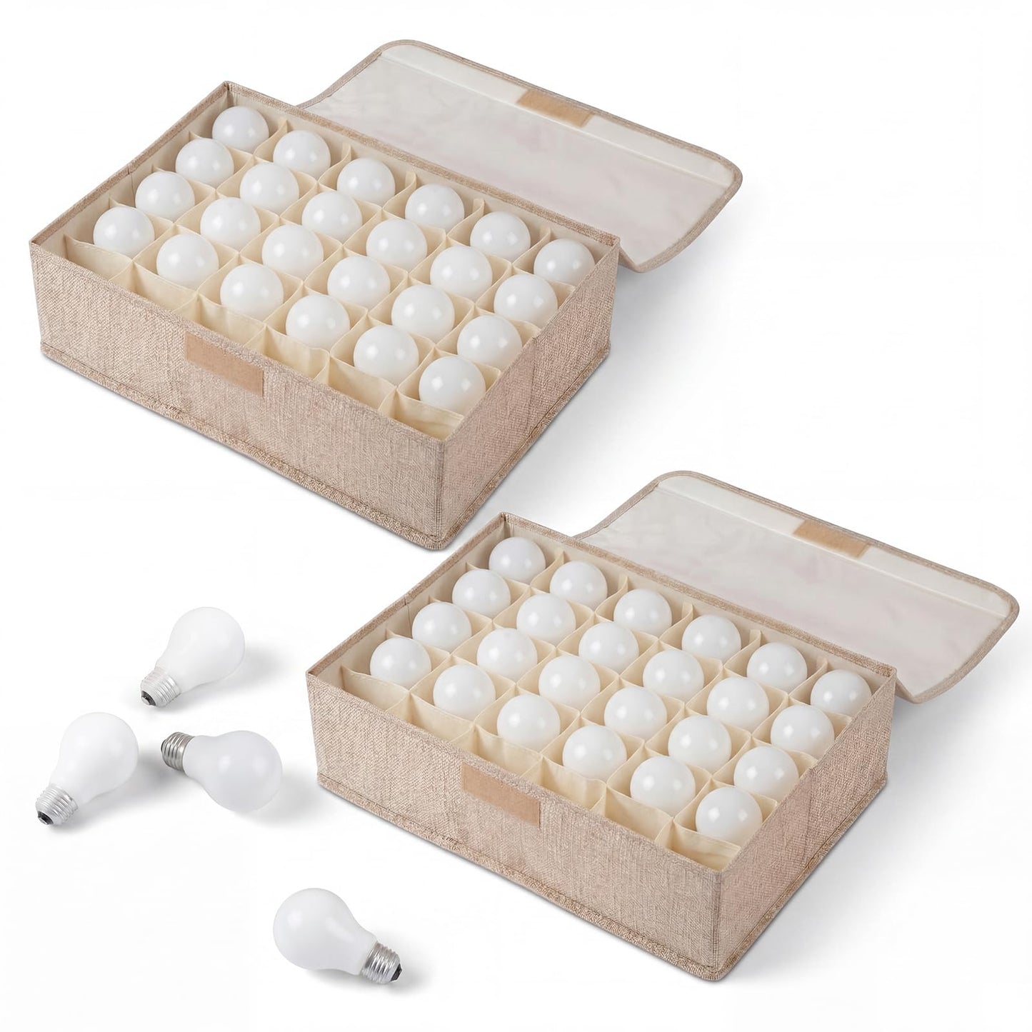 Acellegic 2 Pcs Light Bulb Organizer Storage Box Ornament Storage with 30 Dividers Foldable Bulbs Organizer with Lid Sturdy PP Board Fits Various Standard Dustproof Fabric Case for Home Vbs (Beige)