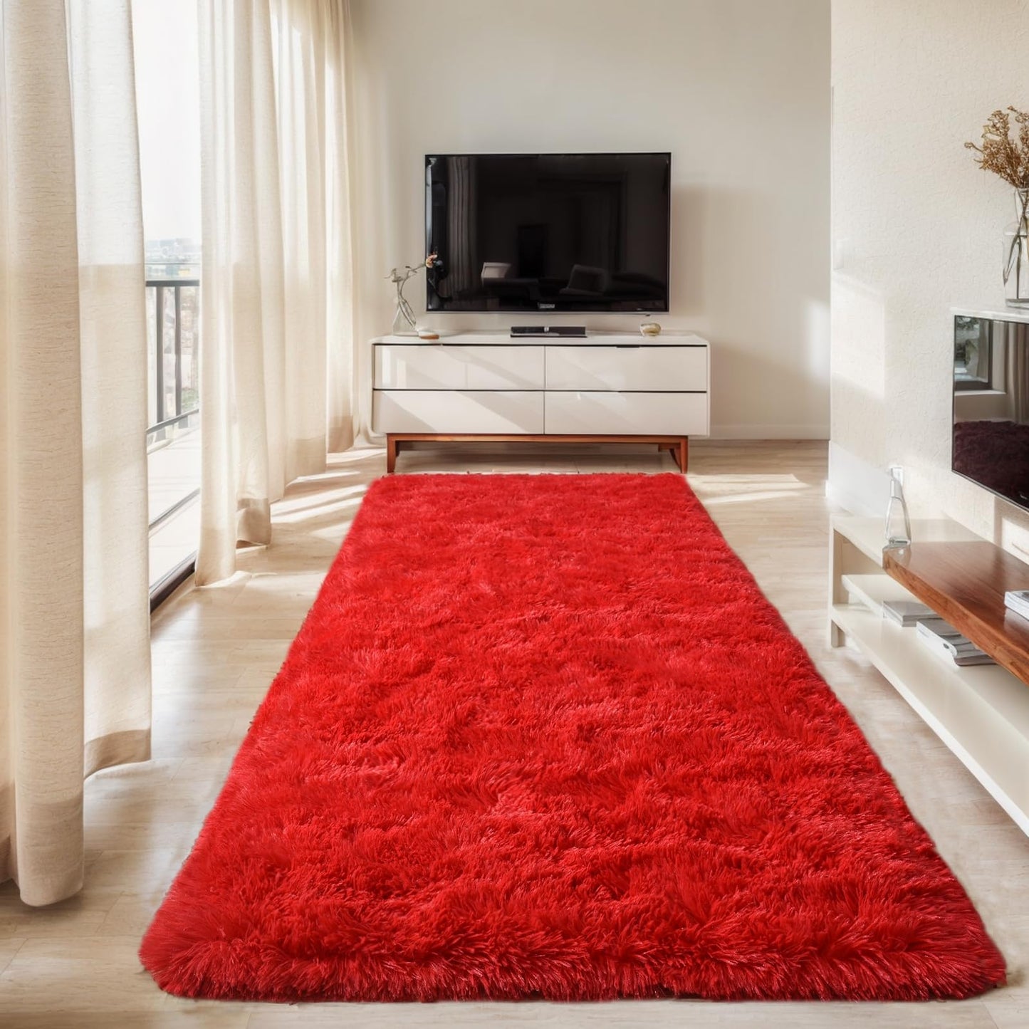 GREFFY Soft Runner Rugs for Bedroom, 2x6 Ft Hallways Modern Plush Red Shag Carpet, Non Slip Dorm Bedside Shaggy Rug for Living Room, Indoor Long Nursery Kids Girls Teen Room Aesthetic Home Decor