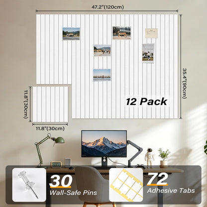 Large Felt Bulletin Board，47.2" x 35.4" 12 Pack Cork Board Alternative for Walls,Felt Wall Tiles for Office & Home Decor,Pin Board with 30 Pcs Pushpins and 72 Adhesive Tabs-Milky White