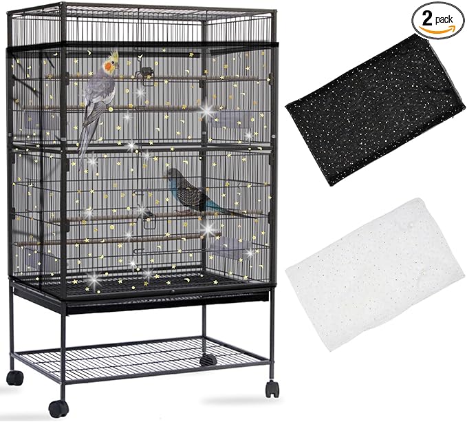 Daoeny 2PCS Bird Cage Seed Catcher, Large Bird Cage Cover, Adjustable Soft Airy Nylon Mesh, Birdcage Cover Skirt Seed Guard for Parrot Parakeet Macaw Round Square Cages (Black & White Sequins Star)