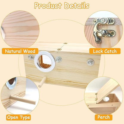 PINVNBY Large Natural Wood Parakeet Nesting Box Budgie Breeding Box Acrylic Bird Nest for Cage Transparent Panoramic for Birds, Parrots, Cockatiels, Lovebirds, Canaries (S: 7.87 x 4.72 x 4.72 inch)