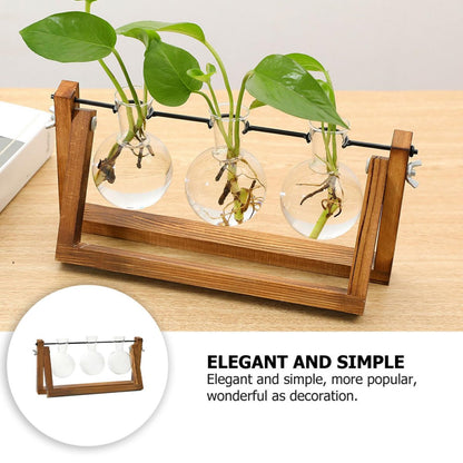 Cabilock Glass Hydroponic Vase Planter with Wooden Stand, Desktop Decorative Green Plant Container for Home and Office Flower Arrangement