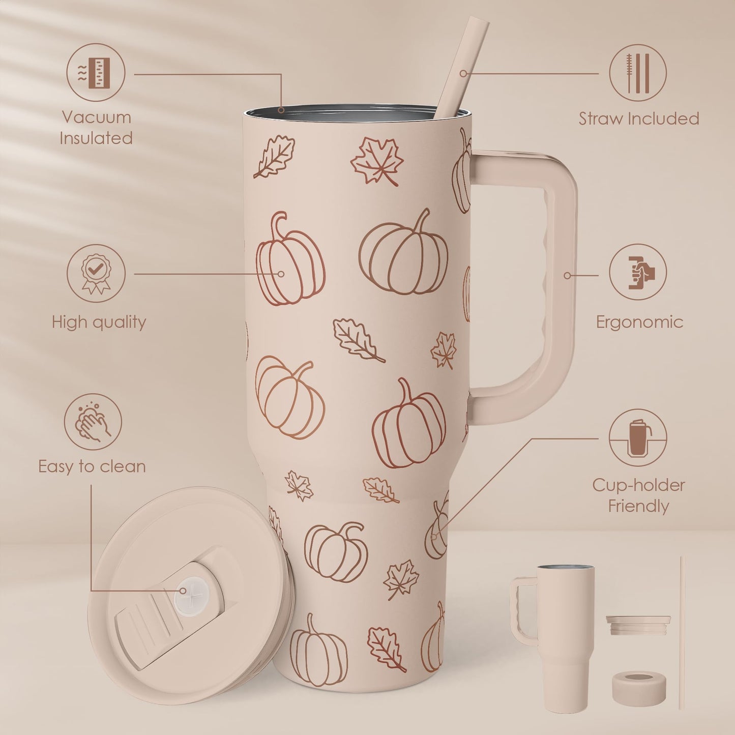 SANDJEST Pumpkin Tumbler with Handle and Straw 40oz – Stainless Sleel Slider Tumbler Travel Coffee Mug for Women - Gift Idea for Fall Autumn Halloween