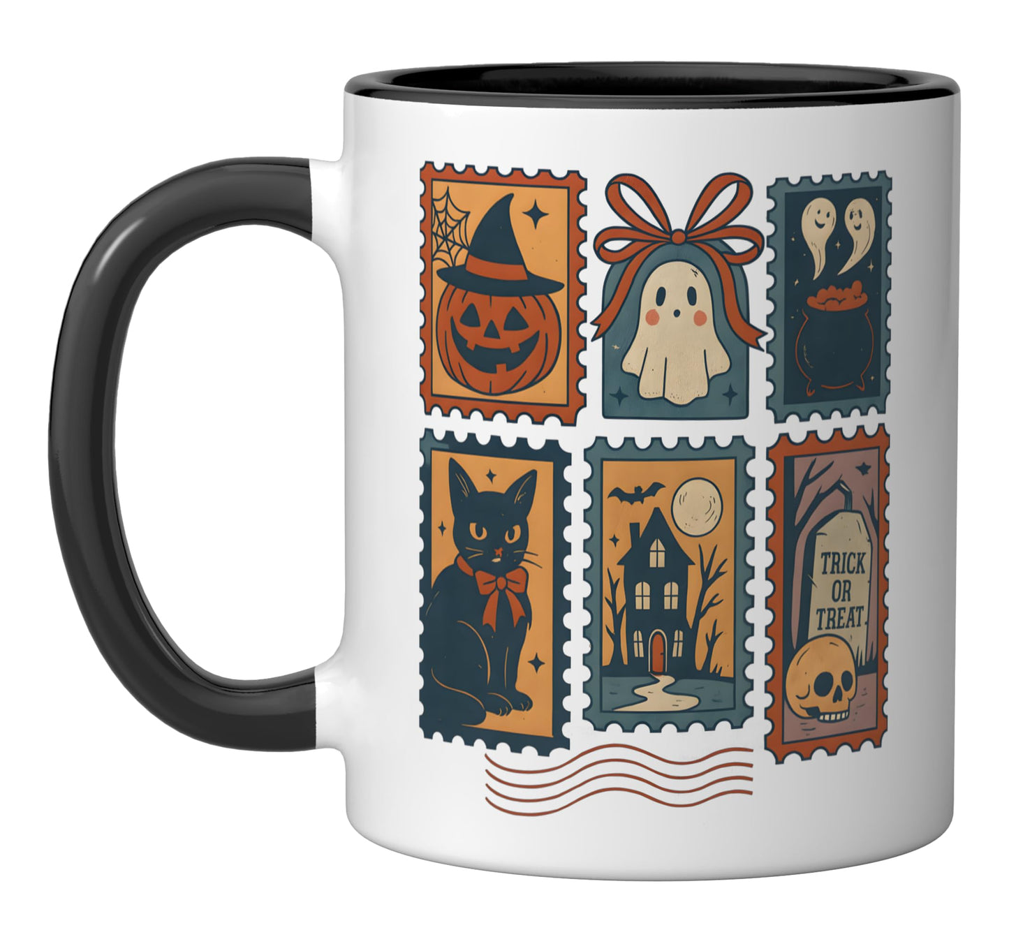 Halloween 2025 Postage Stamps Vintage Coquette Bow Ceramic Mug, Black/White