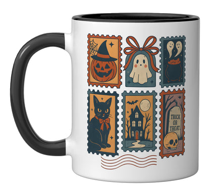 Halloween 2025 Postage Stamps Vintage Coquette Bow Ceramic Mug, Black/White