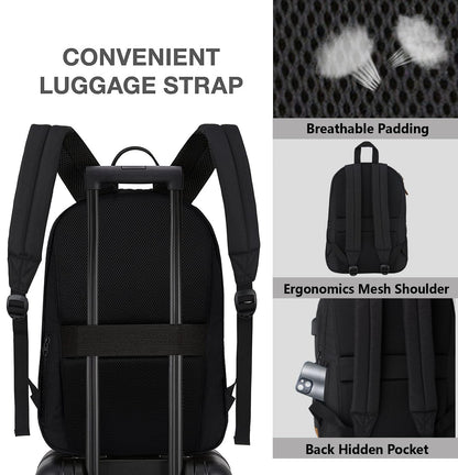 KEOFID Travel backpack for Men and Women, Anti Theft Laptop Backpack with USB Charging Port for Work, Large Bag for College, Carry-on Backpack with Luggage Strap, Water Resistent(Black)