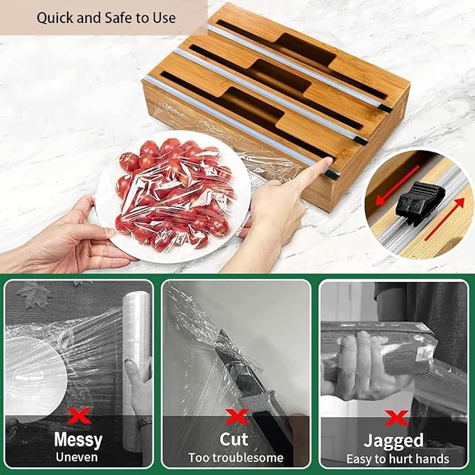 3 in 1 Plastic Wrap Dispenser with Cutter and Labels, Foil and Plastic Wrap Organizer, Aluminum Foil Organization and Storage, Foil Organizer for Drawer, Bamboo Aluminum foil Holder for 12.5"Roll Wrap