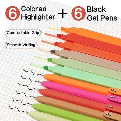 Piochoo Highlighters and Pens, 6PCS No Bleed Aesthetic Highlighters and 6PCS 0.5mm Black Ink Gel Pens for Journaling, School and Office Supplies