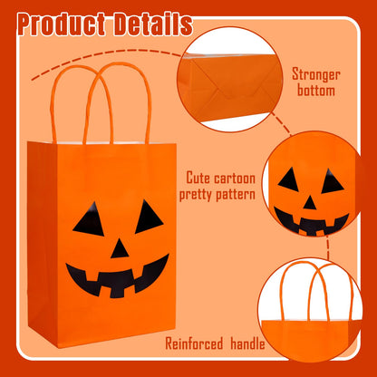 JarThenaAMCS 24Pcs Halloween Kraft Paper Bags with Handles Evil Pumpkin Gift Bags Orange Black Pumpkin Candy Goodie Bag for Birthday Trick or Treat Party Supplies