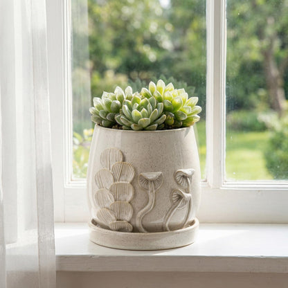 6 Inch Ceramic Plant Pot with Mushroom Gill Pattern Texture, Modern Glaze Planter with Saucer & Drainage Hole, Decorative Flower Pot for Indoor Outdoor Succulents, Herbs & Small Plants, Ivory White